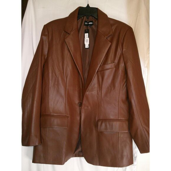 Steve Madden Premium Cognac Brown Faux Leather Blazer Single Button Jacket M NWT